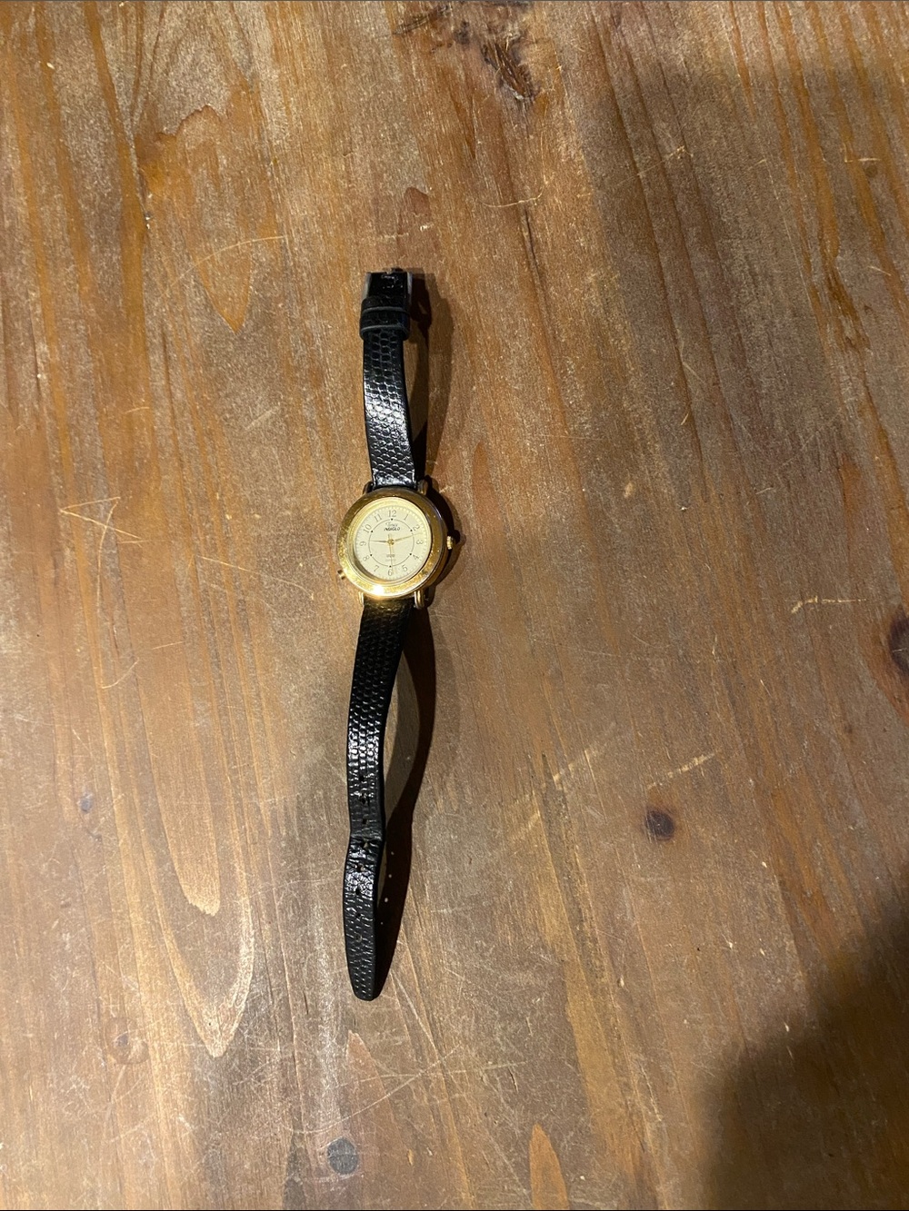 Timex Gold-Tone Round Case Watch with Black Leather Strap